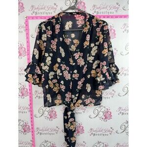 Bikbok shirt ribbon Tie-Front Floral Blouse - Navy Floral flowers bell sleeves
